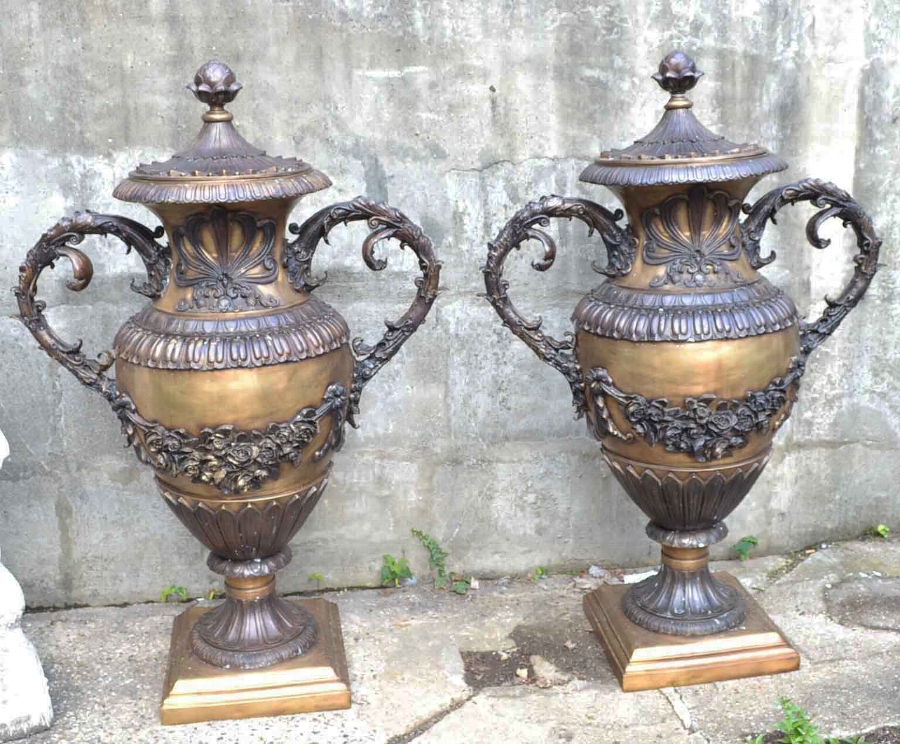 Stunning Pair Large Bronze Vases Urns Garden
