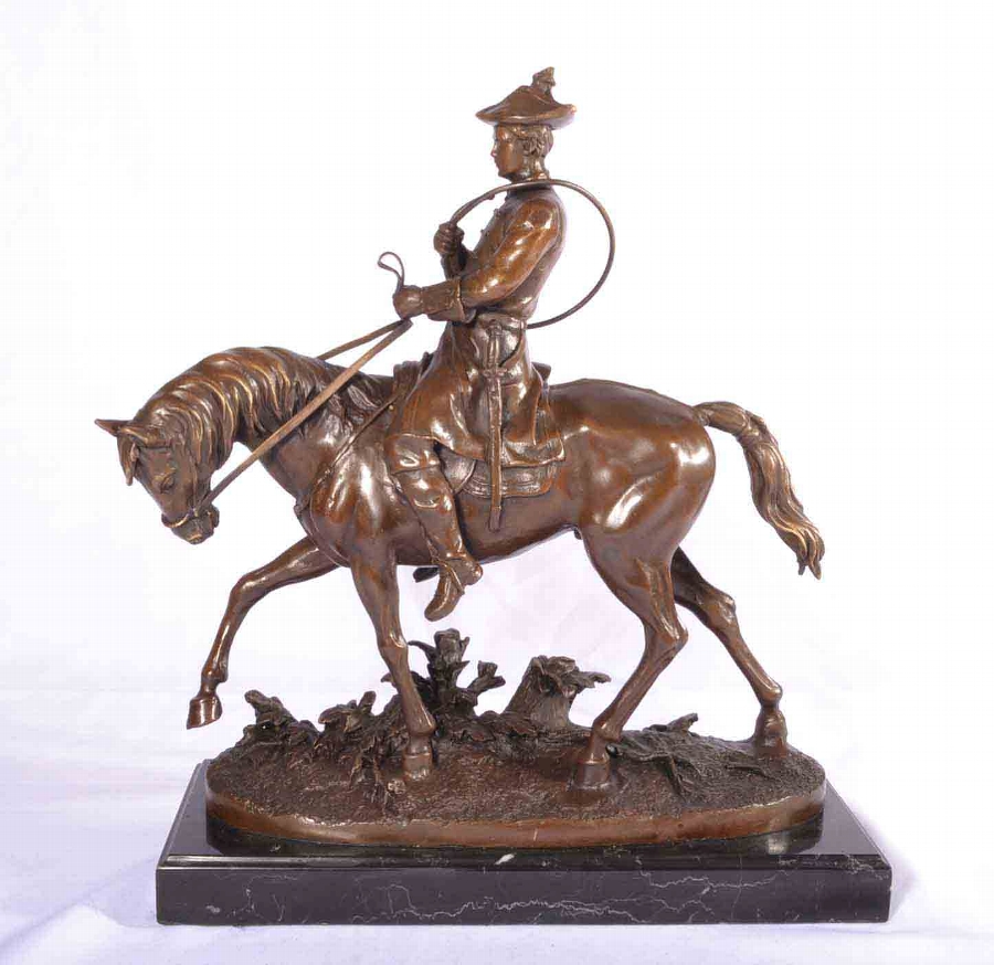 Stunning Bronze Sculpture Rider on Hunt With Horse Mene