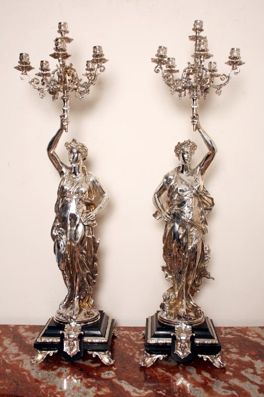 Stunning Pair Silvered Bronze Candelabras Gregoire