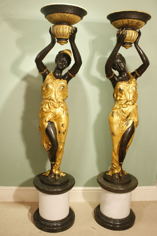 Pair Huge Gilded Bronze Jardinieres on Marble Bases
