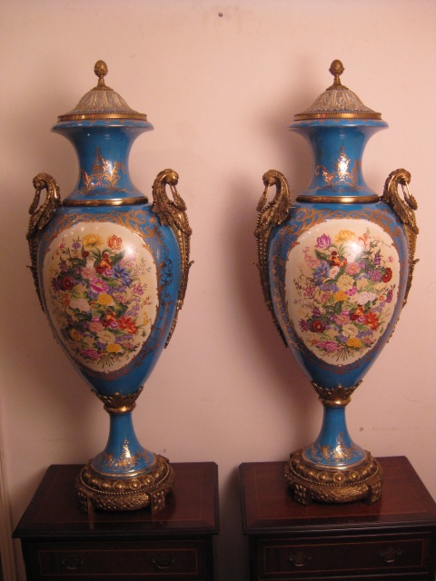 Pair Huge Gilded Celeste French Sevres Porcelain Vases
