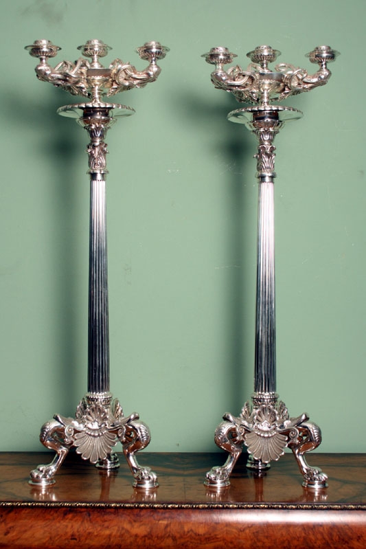 Pair Elegant Silver Plated Neoclassical Candelabras