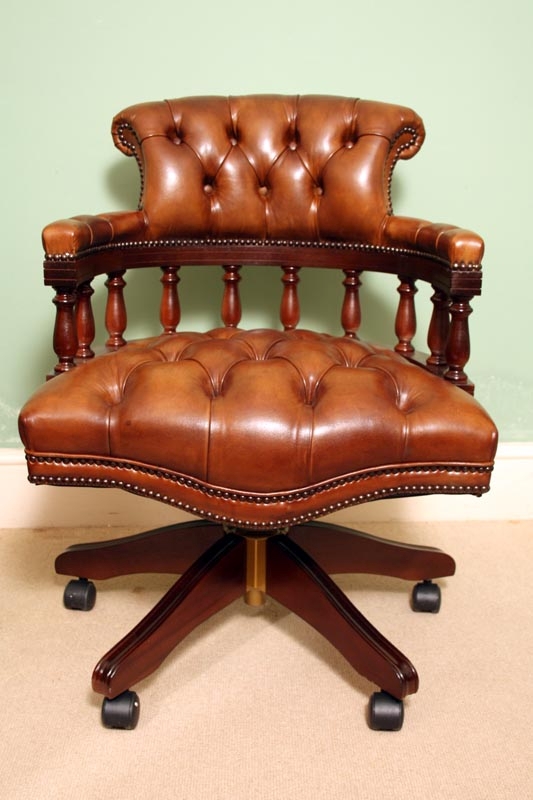 English Hand Made Leather Captains Desk Chair Champagne