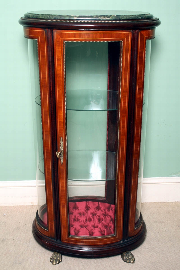French Oval Glass Mahogany Marble Display Cabinet