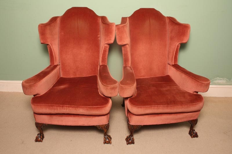 Pair Vintage Mahogany Ball & Claw Wing Chairs Armchairs