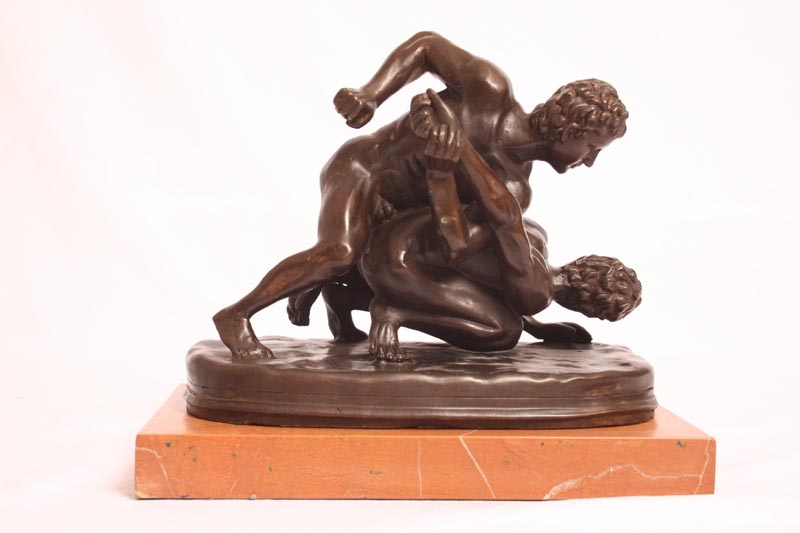 Stunning Pair Greco Roman Wrestlers Bronze Sculpture