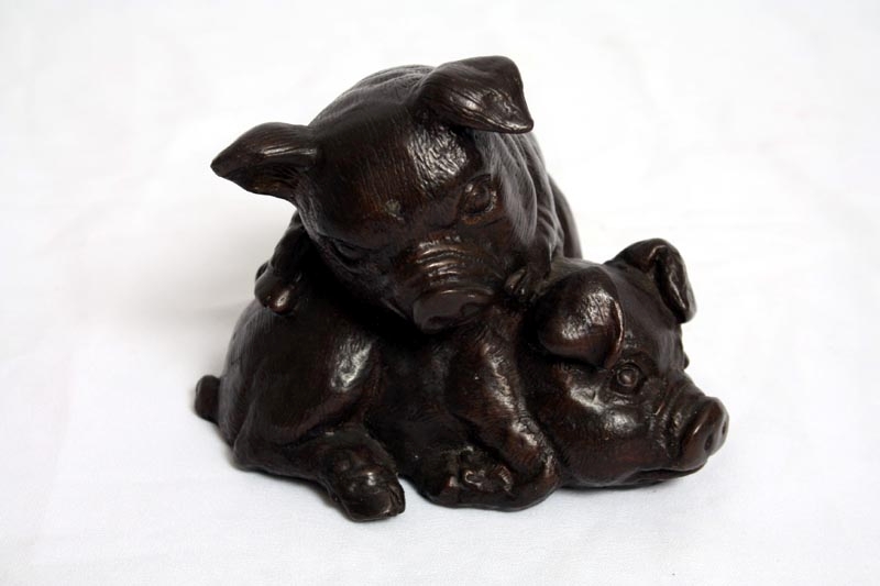 Delightful Bronze Sculpture of Two Cuddly Pigs Playing