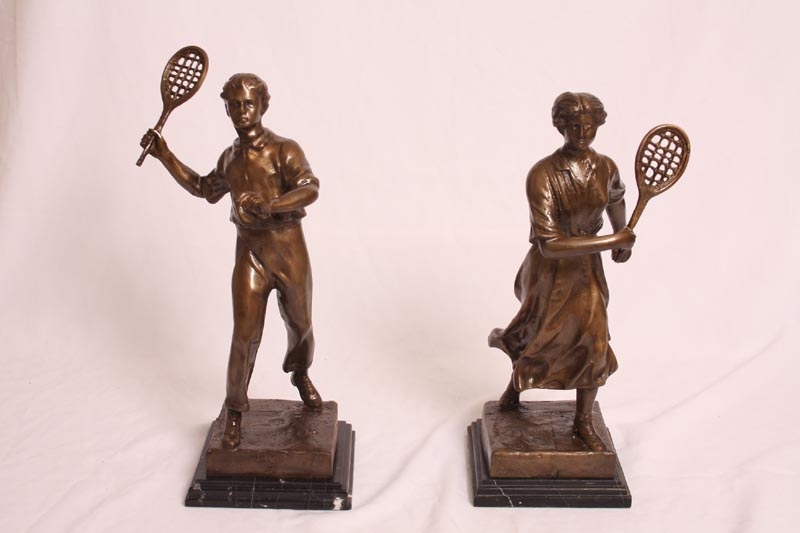 Pair 1930s Tennis Player Bronze Sculpture Male & Female