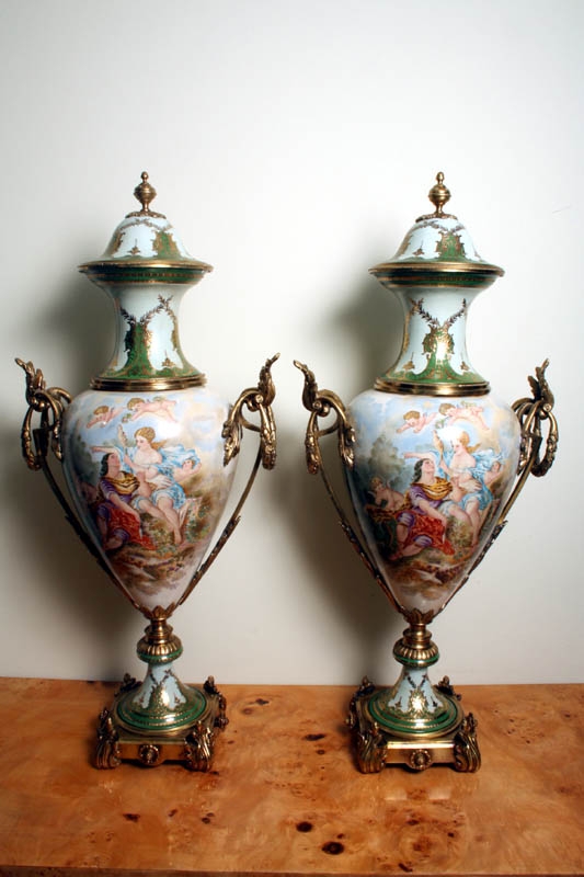 Stunning Pair Large Hand Painted Ormolu Mounted Vases