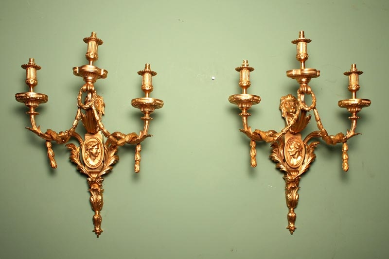 Stunning Pair Huge Gilded Bronze Classical Wall Lights