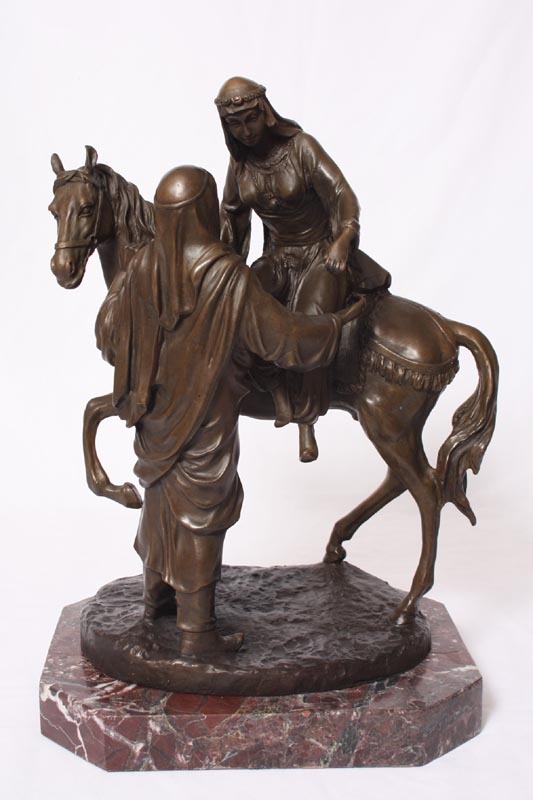 Stunning Bronze Sculpture Man Helping Lady Off Horse