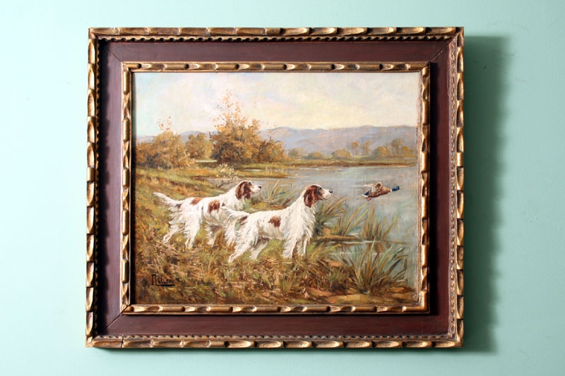 Antique Oil Painting Gun Dogs with Duck in Flight