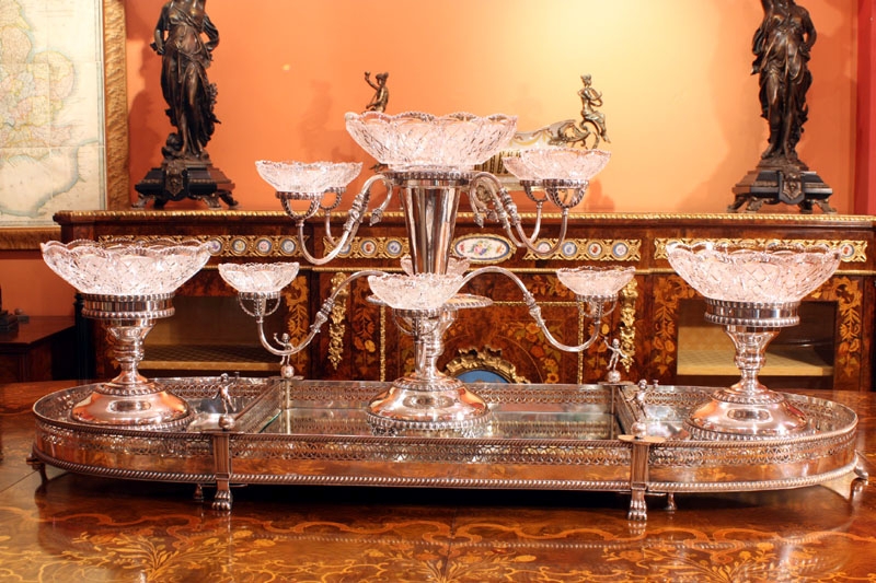Extravagant English Silver Plate Glass Centrepiece Set