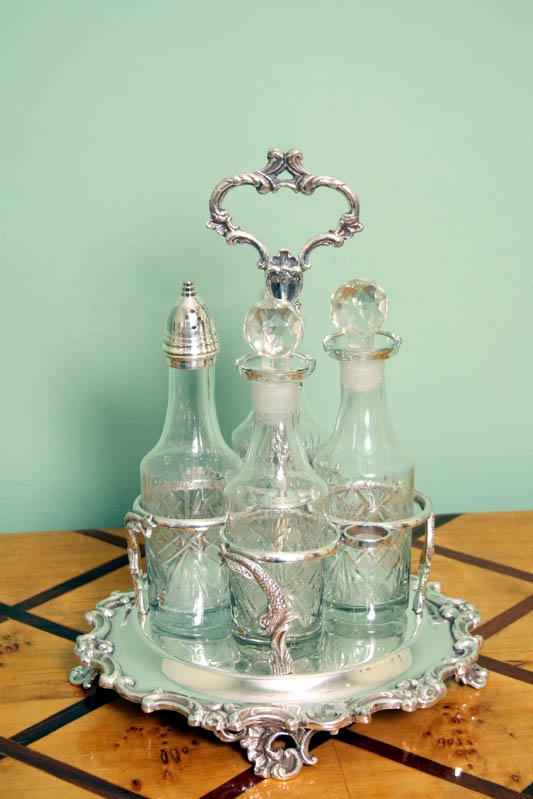 4 Piece English Silver Plated Cut Glass Condiment Set