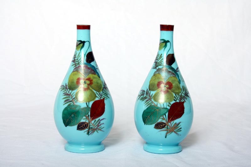 Antique Pair Blue Opaline Glass Vases
