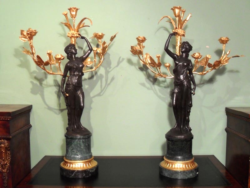 Pair Large Empire Bronze & Gilded Bronze Candelabras
