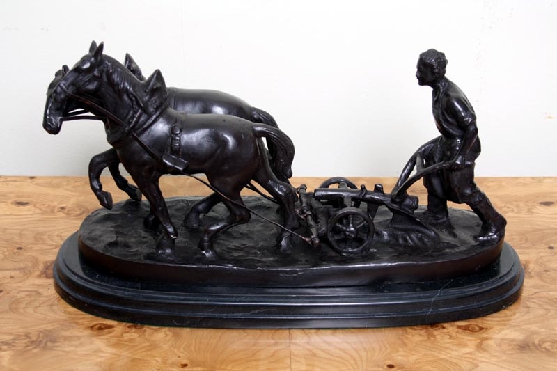 Beautiful Bronze Ploughman & Horses Farming Sculpture