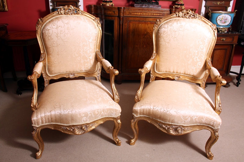 Pair Large French Louis XV Carved Giltwood Armchairs