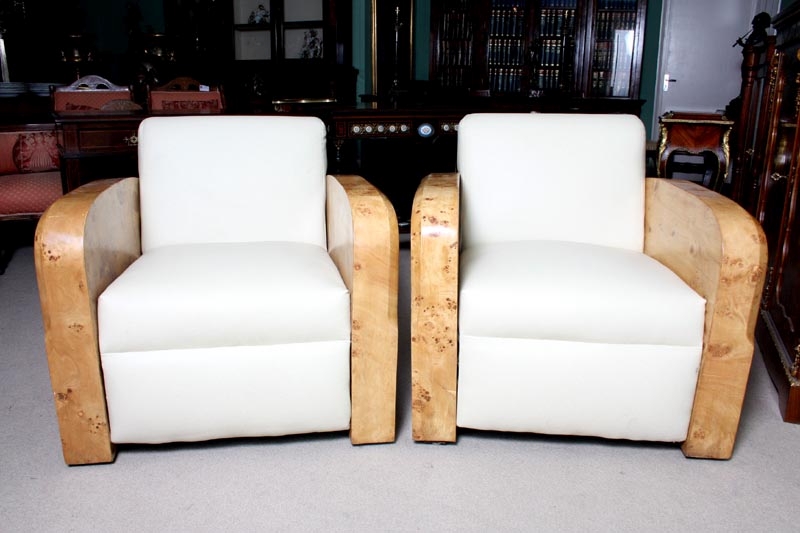 Pair Art Deco White Leather & Birdseye Maple Armchairs