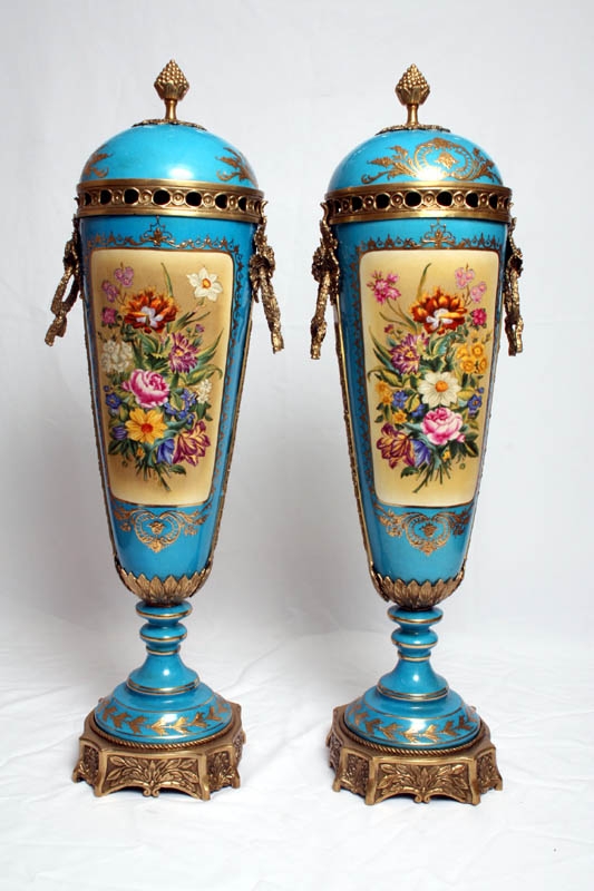 Amazing Pair Celeste Bleu Hand Painted Porcelain Vases