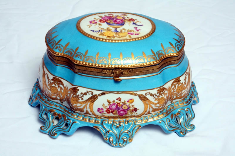 Stunning Gilded Hand Painted Blue Porcelain Casket