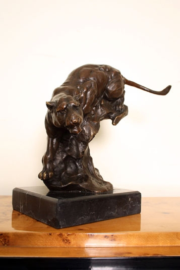 Amazing Bronze Pouncing Panther Sculpture Marble Base