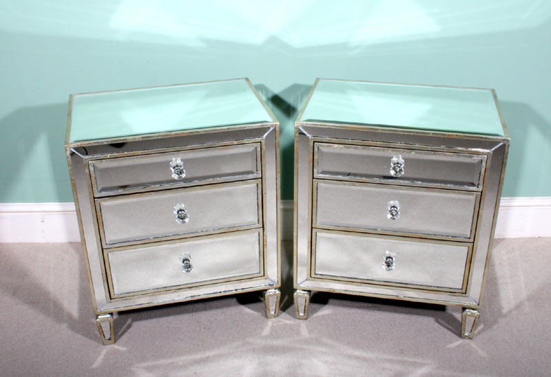 Stunning Pair Art Deco Mirrored Bedside Tables Chests
