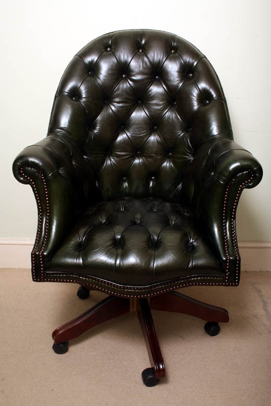 English Hand Made Green Leather Directors Desk Chair