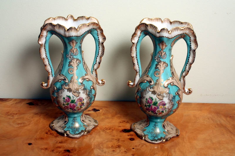 Stunning Pair Azur Blue Rococo Porcelain Vases