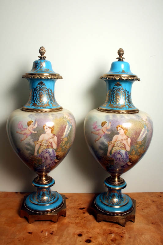 Stunning Pair Large Hand Painted Porcelain Vases Urns