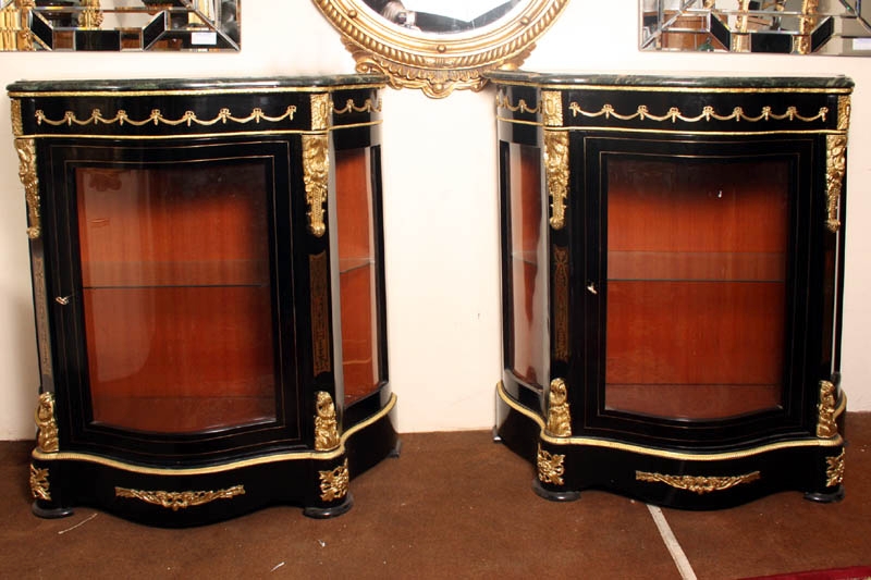 Pair Marble Topped Serpentine Ebonised Pier Cabinets
