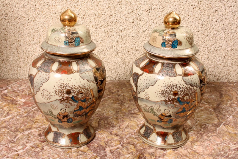 Pair Japanese Satsuma Hand Painted Porcelain Vases