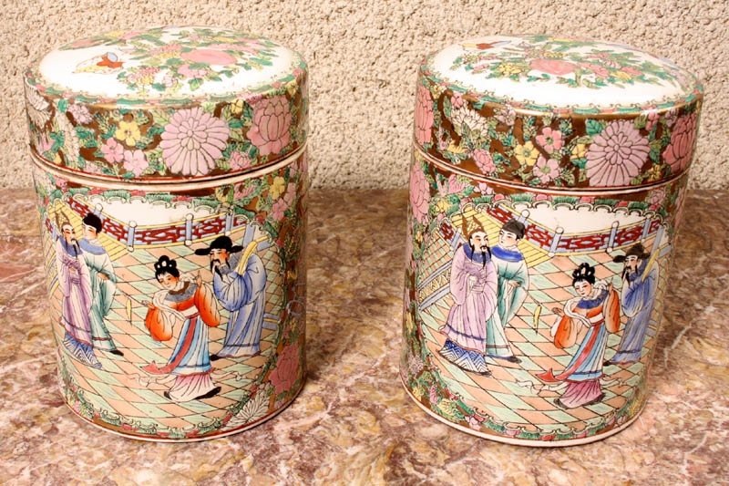 Pair Chinese Canton Hand Painted Porcelain Jars