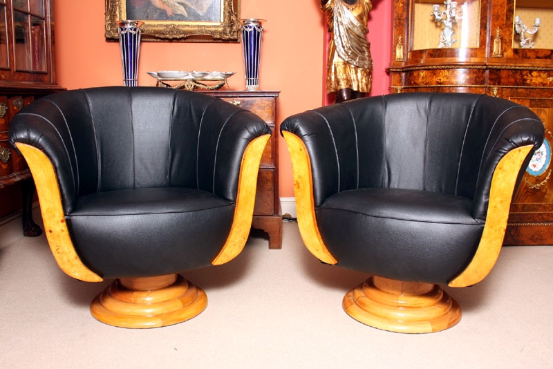 Pair Art Deco Black Leather & Birdseye Maple Armchairs
