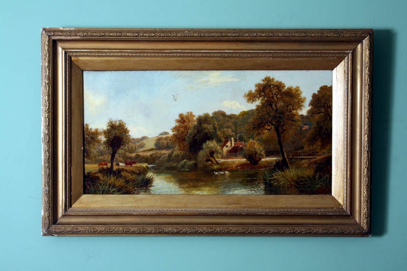 Antique Victorian Oil Painting River Landscape