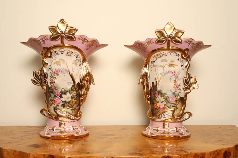 Stunning Pair French Sevres Pink Porcelain Gilded Vases