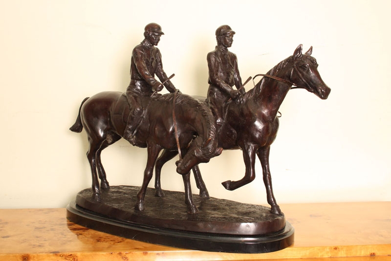 Pair Bronze Horses & Jockeys Sculptures Fremiet