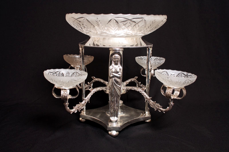 French Empire Silver Plate & Cut Glass Centrepiece