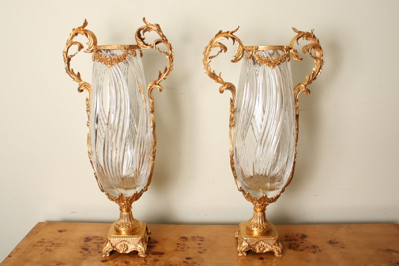 Pair Large Italian Crystal & Gilded Ormolu Vases