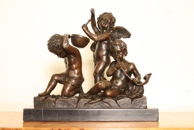 Charming Trio of Cherub Musicians Bronze Sculpture