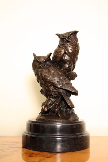 Lovely Pair of Owls Bronze Sculpture Marble Base