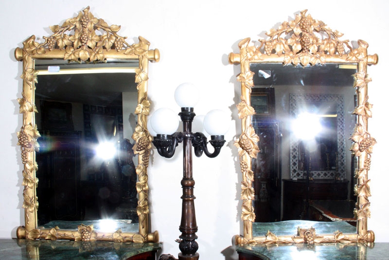 Elegant Pair Italian Giltwood Grape Carved Mirrors