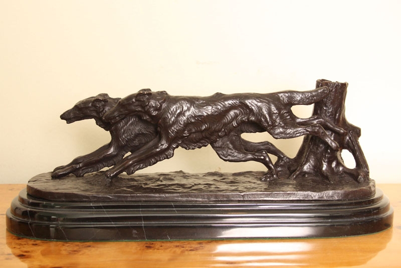 Beautiful Pair Borzoi Dogs Racing Bronze Sculpture