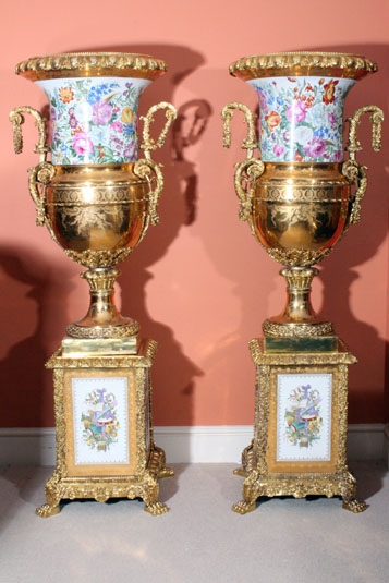 Enormous Pair 6 Ft French Porcelain Gilded Bronze Vases