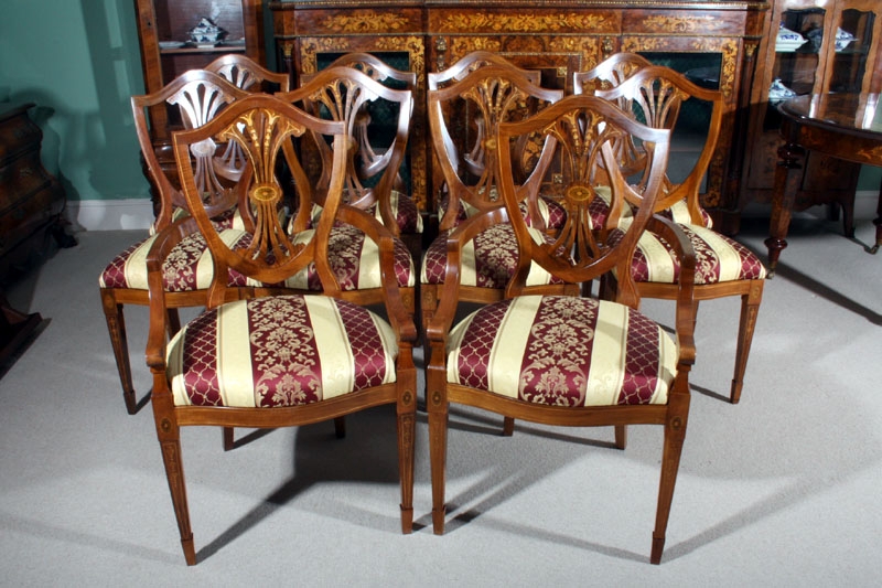 Set of 10 Sheraton Dining Chairs Inlaid Shiled Back
