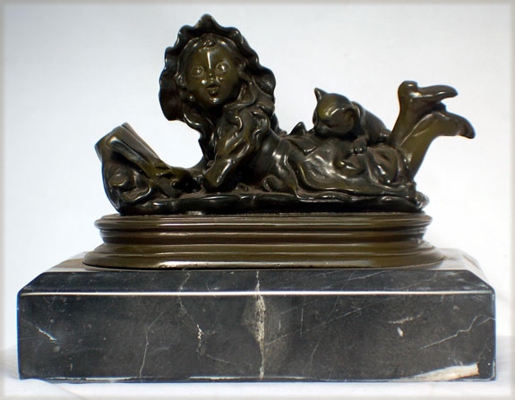 Charming MOREAU Reading Girl w/Cat Bronze Sculpture