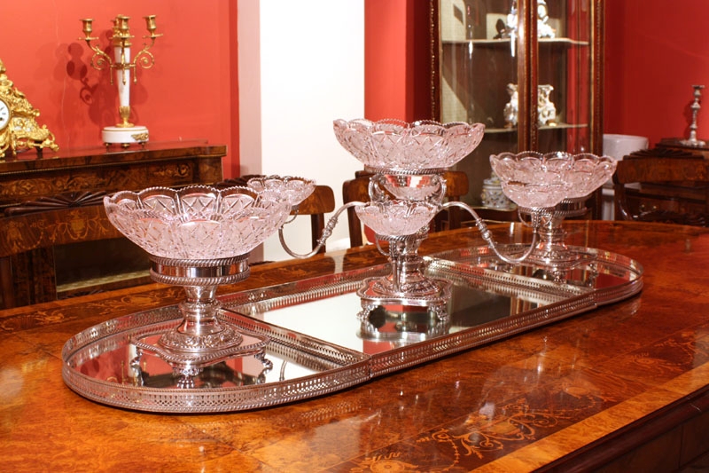 English Silver Plate & Glass Epergne Centrepiece Set