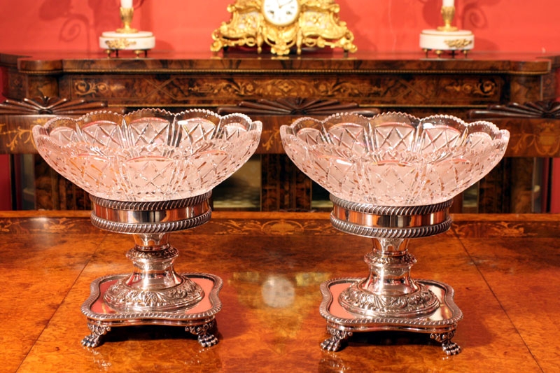 Pair English Silver Plate Cut Glass Comport Centrepiece