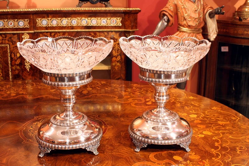 Pair English Silver Plate Cut Glass Comport Centrepiece