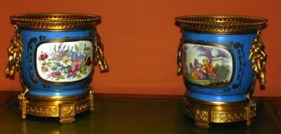 Pair of French Sevres Hand Painted Jardinieres